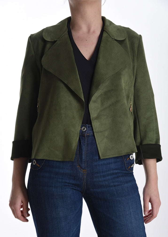 Suede jacket with decorative zip pockets.